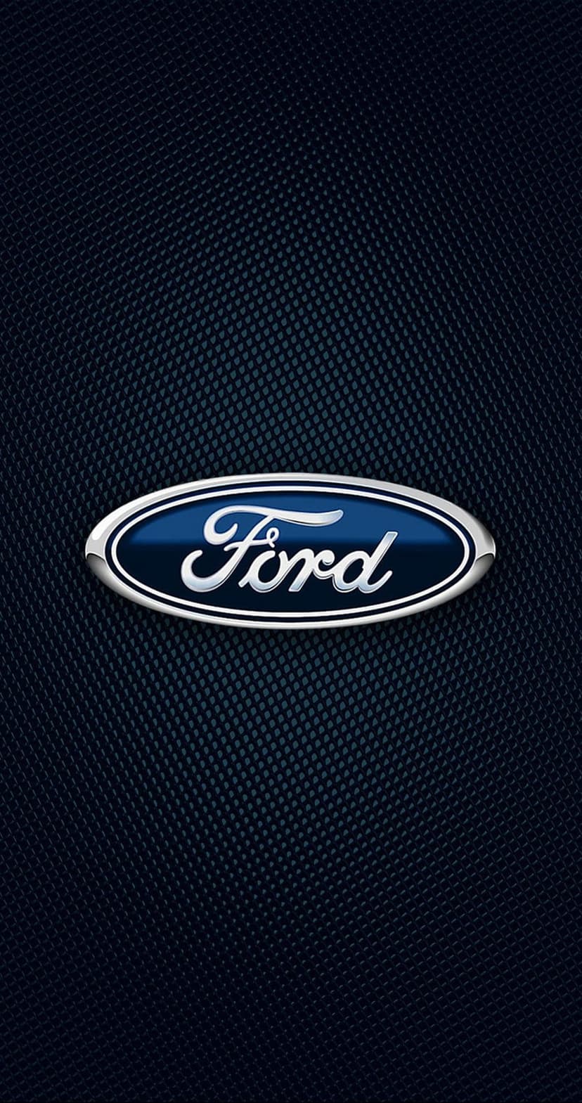 Ford blue oval emblem with a polished chrome rim centered on a dark grey crosshatch textured background.