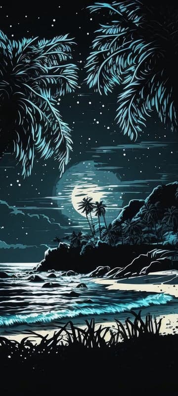 Moonlit Tropical Beach with Palm Trees