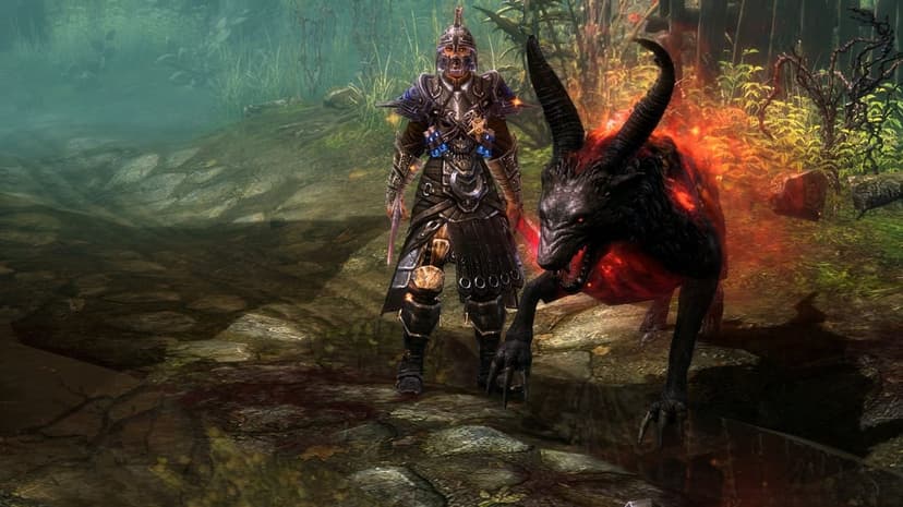 Armored knight with a glowing demonic beast in a foggy green forest with fire and smoke effects.