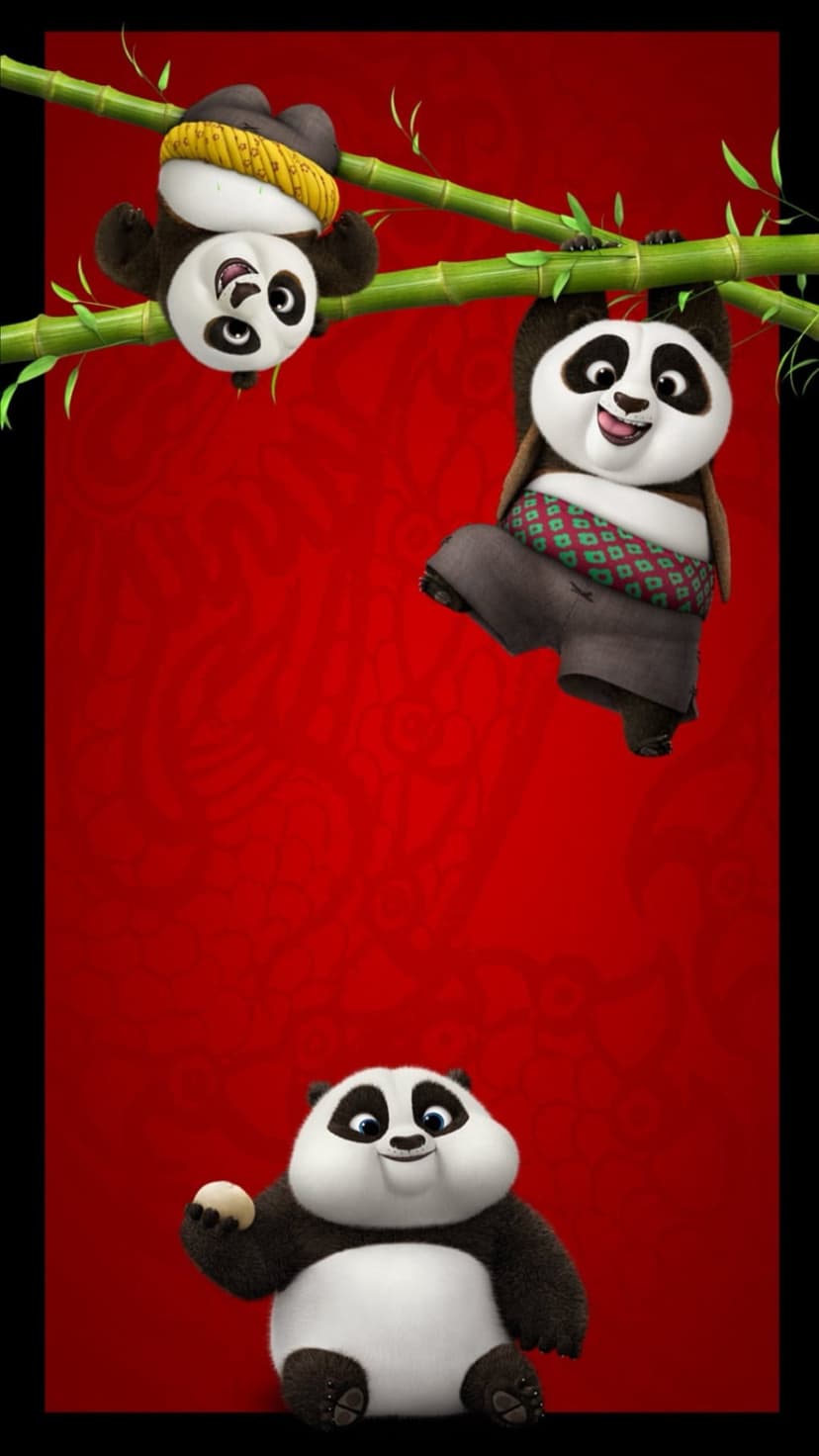 Three pandas climb green bamboo stalks against a textured red background with subtle traditional patterns.
