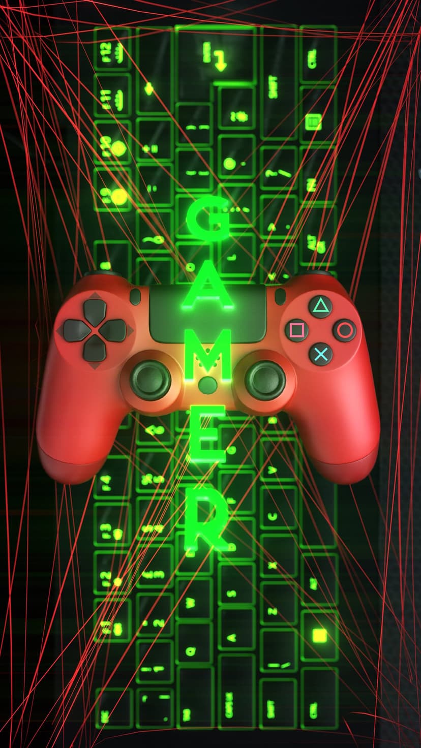 Red gaming controller resting on a glowing green mechanical keyboard with sharp red laser lines in a grid.