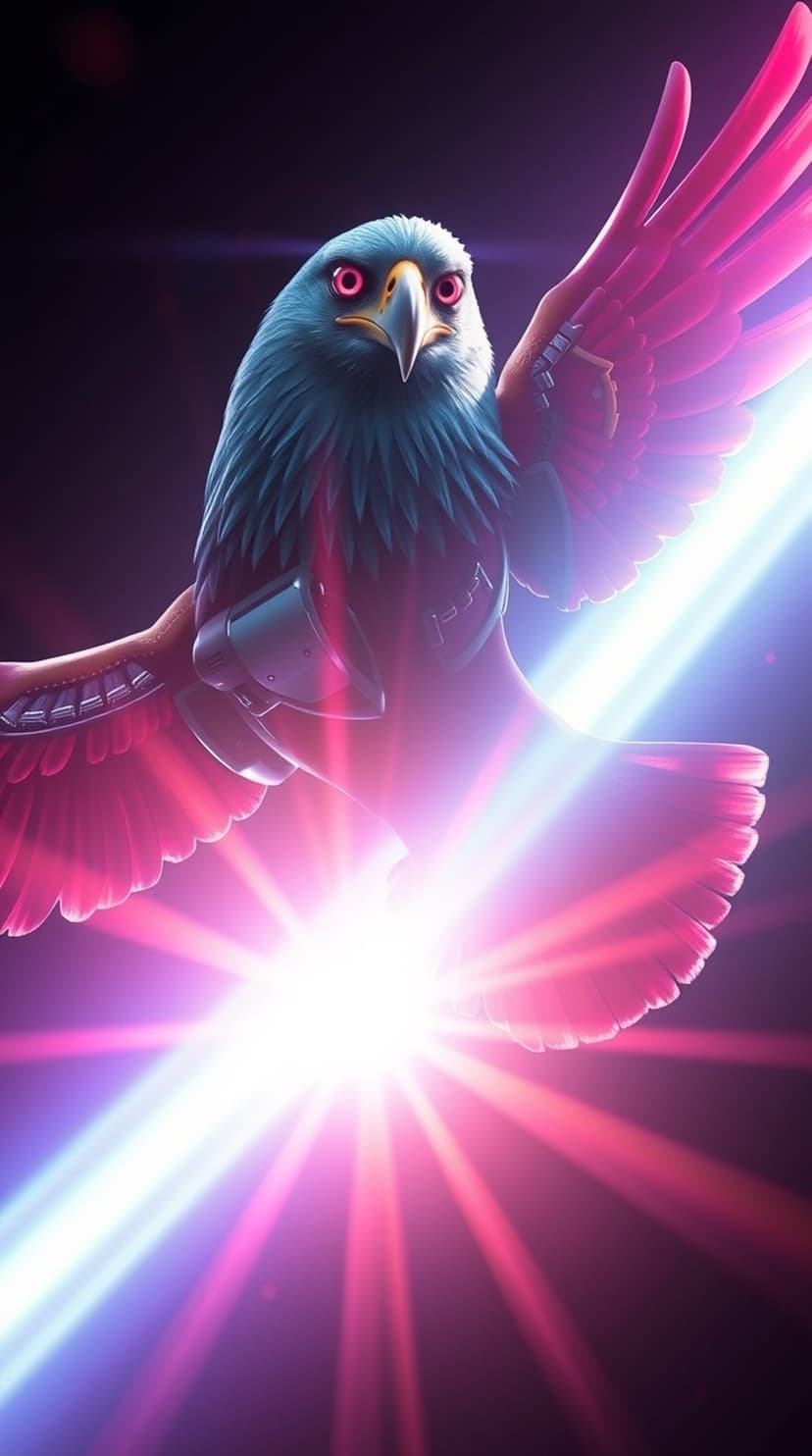 Cybernetic eagle with glowing pink wings flying through blue and magenta light beams against a dark background.