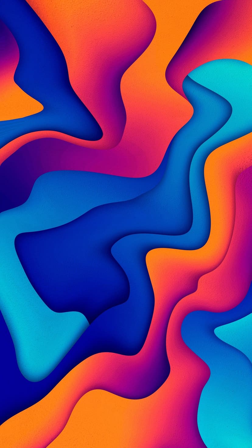 Flowing waves of blue, purple, and orange gradient ribbons overlap to create a sense of depth and fluid movement.