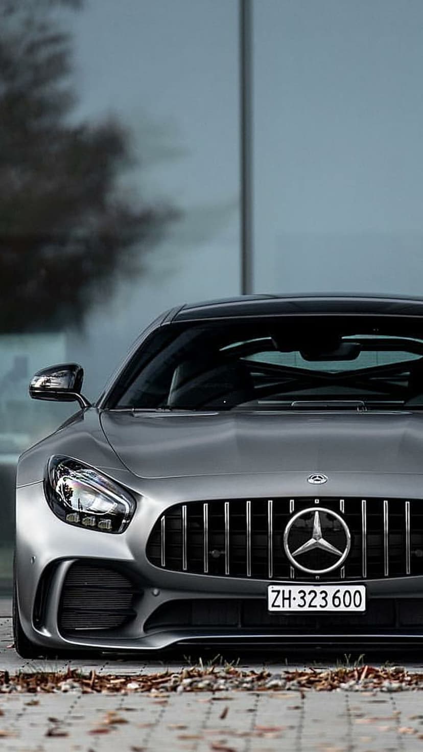Silver Mercedes-AMG GT supercar parked on a leaf-covered road with a blurred modern building in the background.