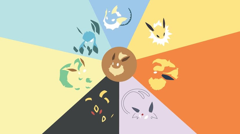 Minimalist vector art of Eevee surrounded by seven evolutions in colorful radial segments on a landscape background.