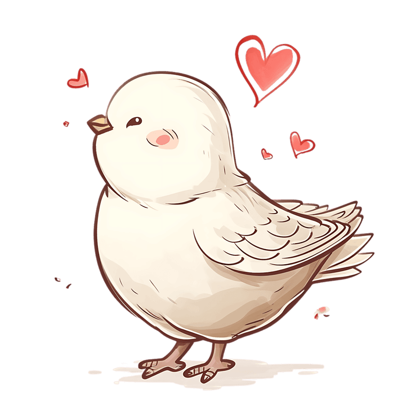 White bird illustration features red hearts and pink cheeks in a soft watercolor hand-drawn artistic style.
