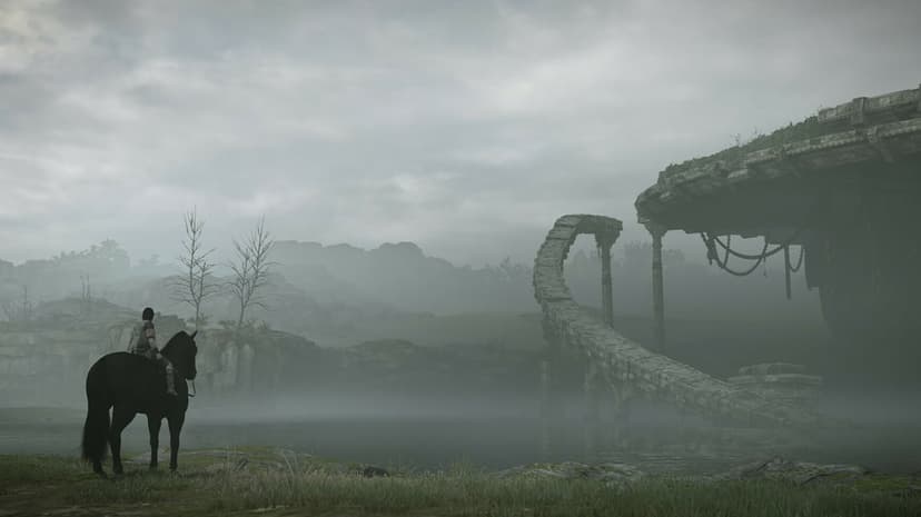 Lone rider on a black horse overlooks a misty lake with ancient stone ruins, heavy chains, and fog-covered hills.