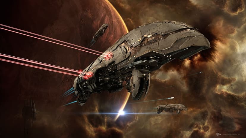 A massive golden sci-fi starship fires red lasers near a red planet amidst swirling amber space nebulae.
