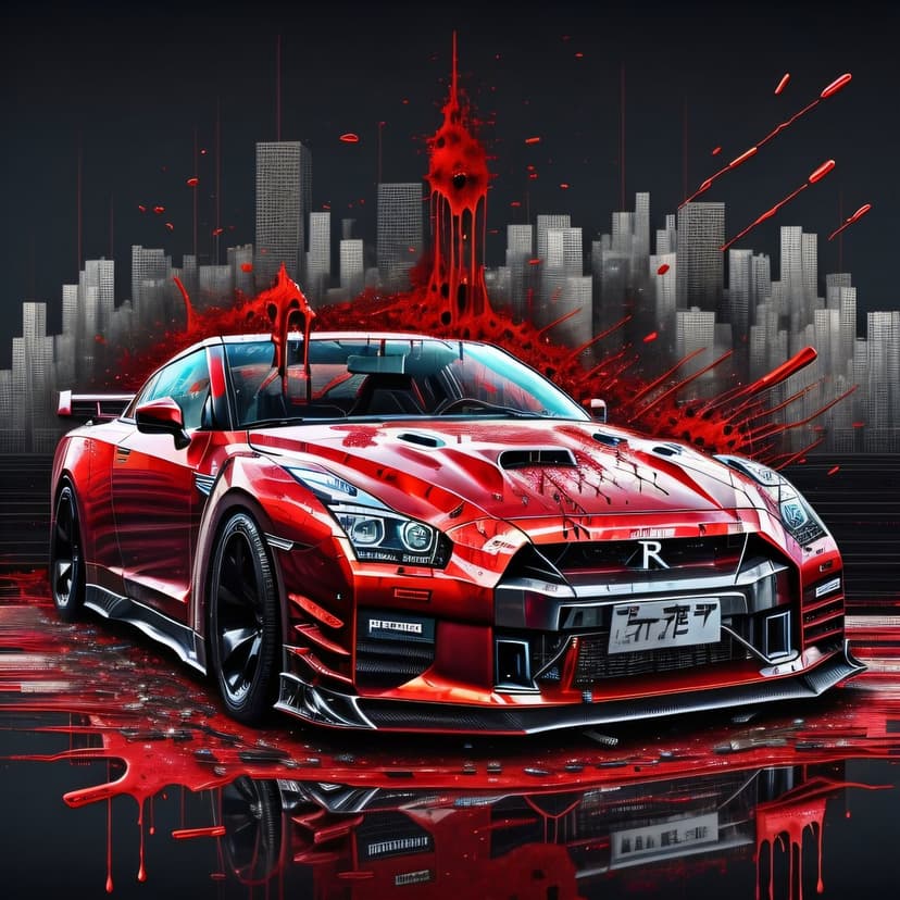 Red Nissan GT-R R35 supercar covered in thick crimson drips and splatters parked against a dark city skyline.