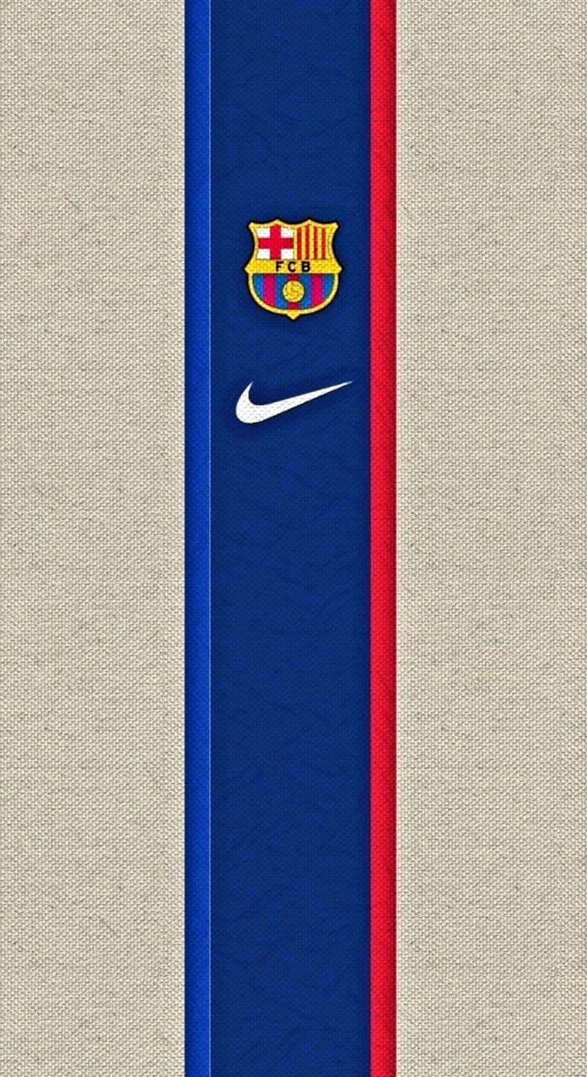 FC Barcelona crest and white Nike swoosh centered between red and blue stripes on a textured beige surface.
