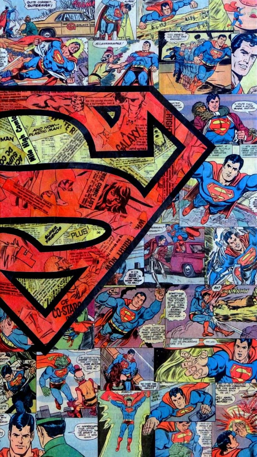 Superman in action poses across a collage of vintage comic book panels featuring the iconic red and yellow shield.