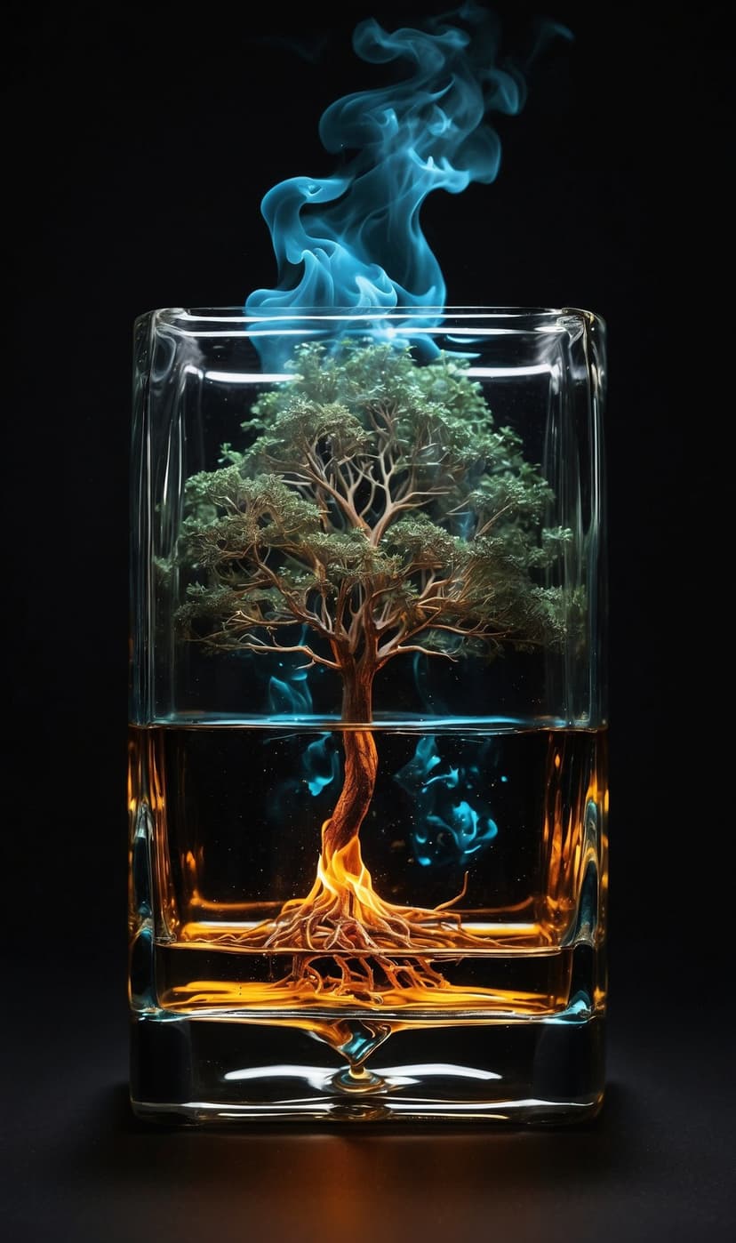 Miniature tree inside a glass tumbler glows with orange roots and blue smoke against a dark black background.
