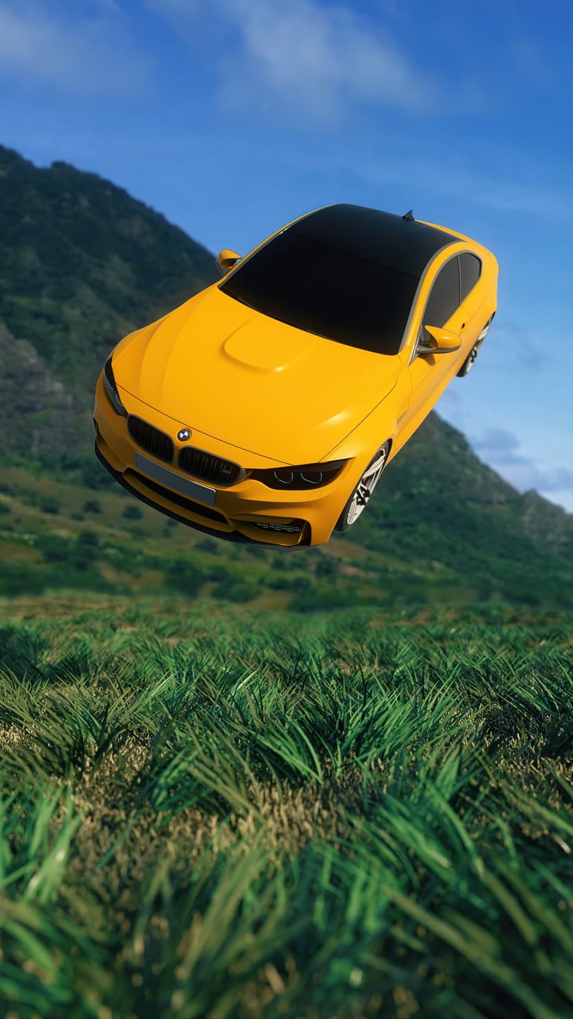 Yellow BMW M4 coupe jumping in mid-air over a green grassy hill with a blue sky and mountains behind it.
