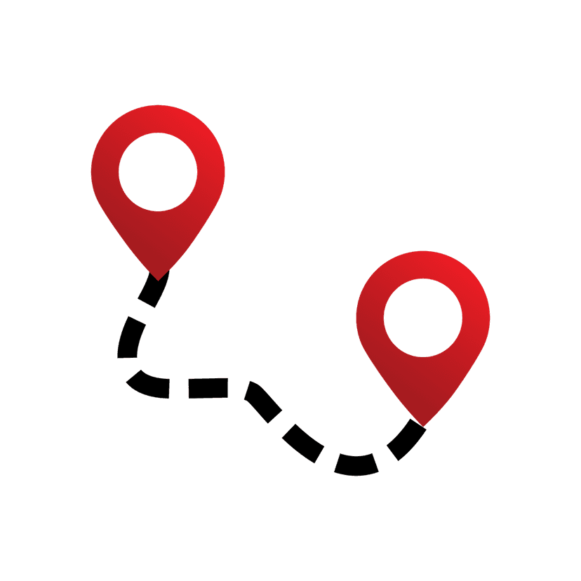 Red location pin icons featuring smooth gradient shading and drop shadows arranged as start and end points.
