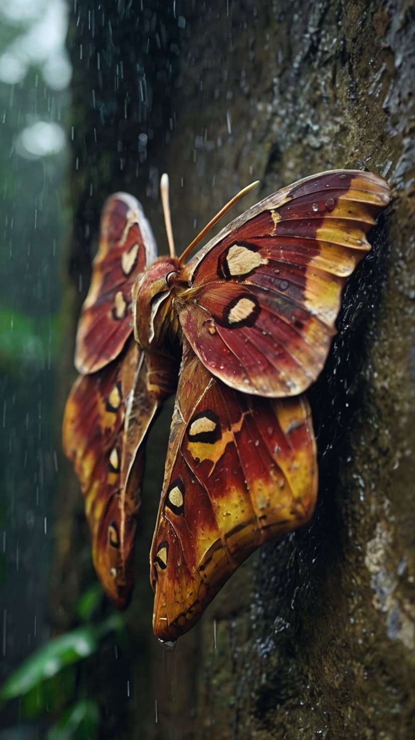Giant Atlas moth with red and brown patterned wings clings to a damp tree trunk covered in tiny water droplets.