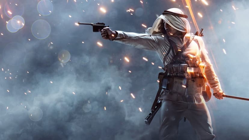 Desert warrior in white robes aims a pistol amidst blue smoke and orange sparks on a cinematic battlefield.