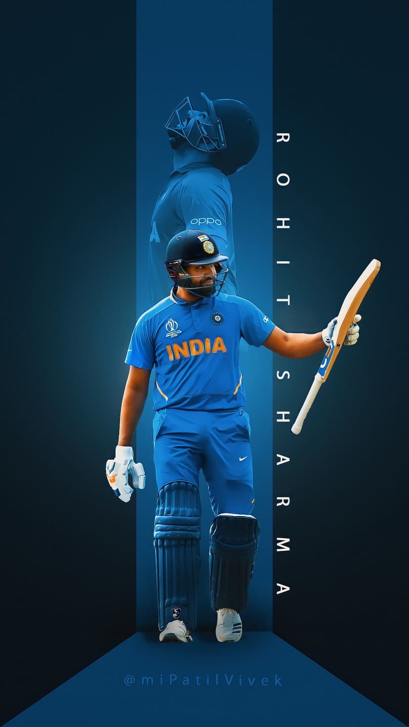 Rohit Sharma holds his cricket bat high in a blue jersey with a spectral silhouette on a dark blue background.