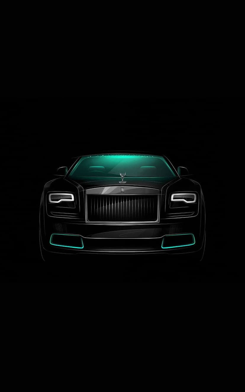 Rolls-Royce front view with lime green neon lights on the bumper and headlights against a dark black background.