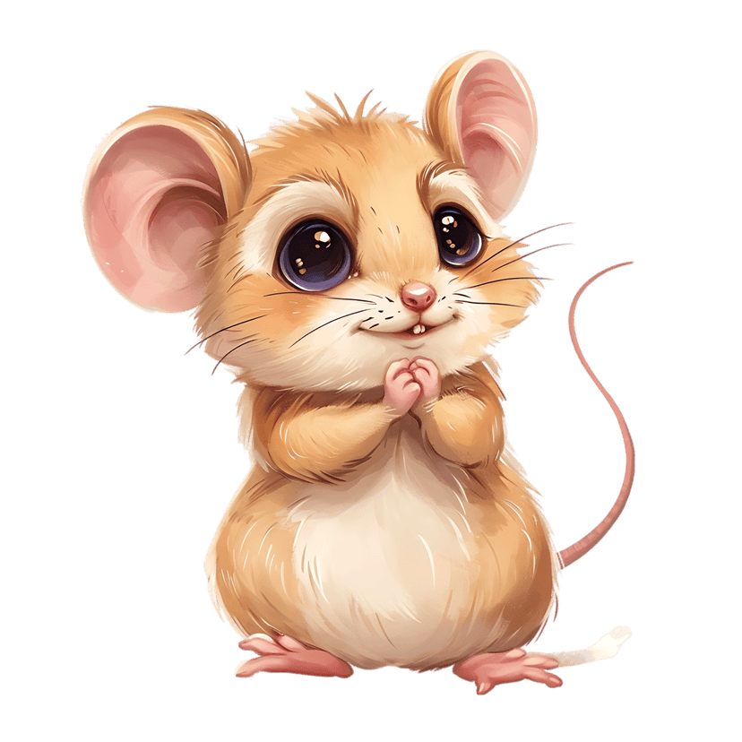 Brown mouse character with large dark eyes and pink ears sits upright with paws clasped in a pleading pose.