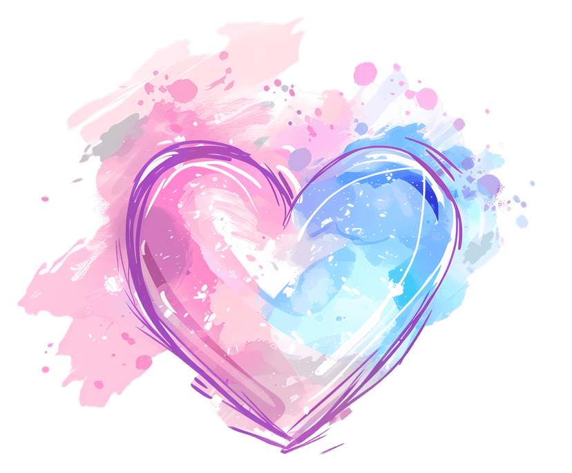 Watercolor heart graphic displaying pink and blue paint textures with organic splatter edges on transparency.