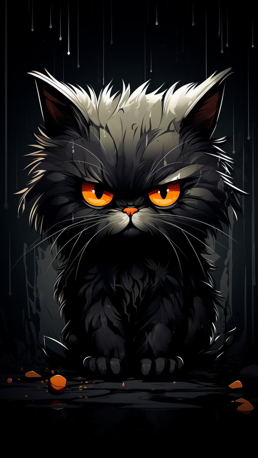 Black cat with glowing orange eyes sits in the heavy rain, featuring wet matted fur and a dark, moody background.