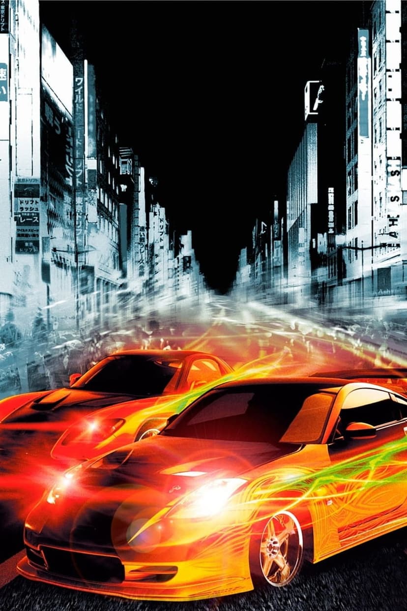 Two sports cars drift through a neon city at night with fiery orange and green light streaks in a vertical view.