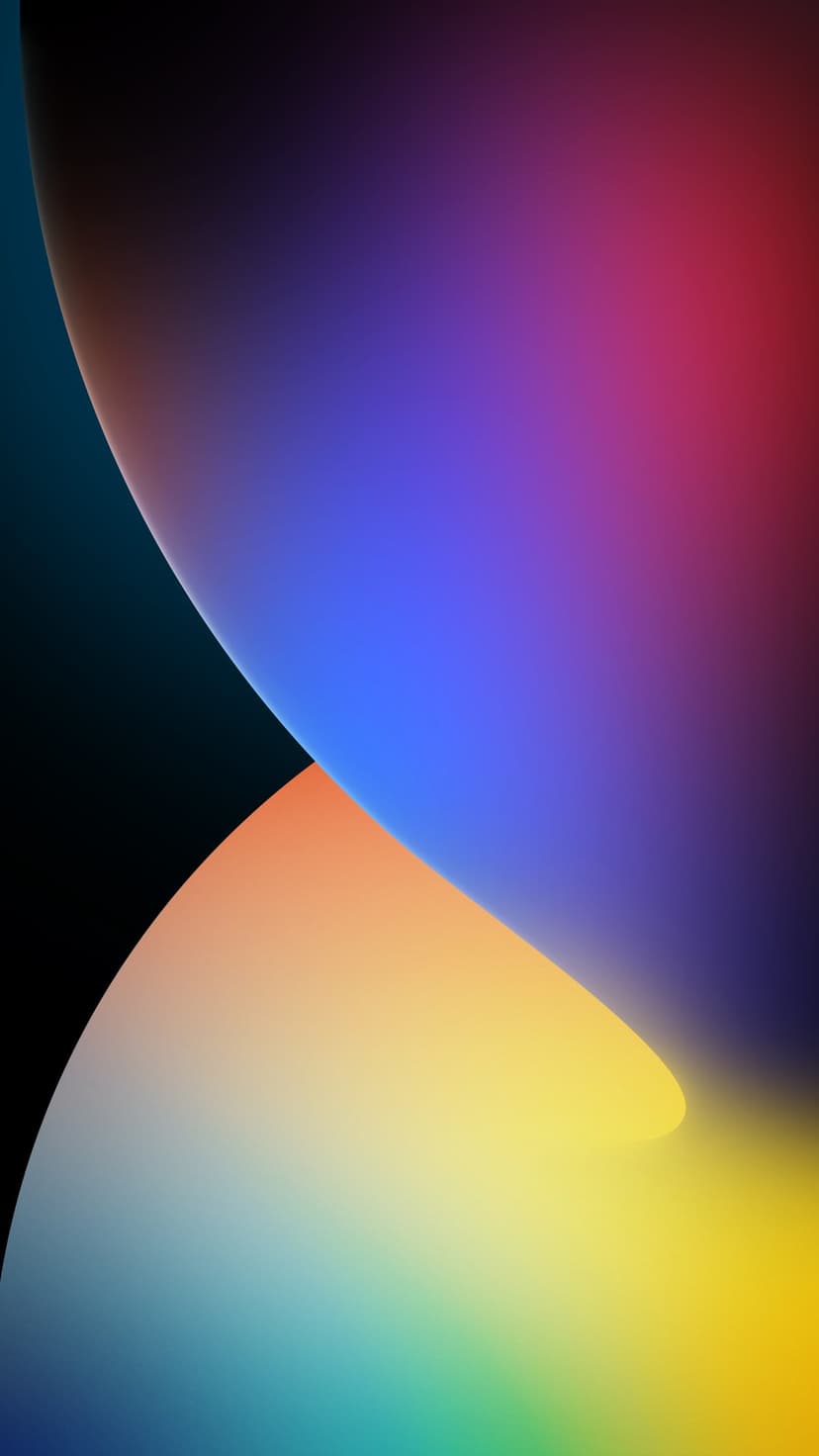 Flowing silk-like curves of purple, blue, and orange gradient waves swirl in a vertical fluid art composition.