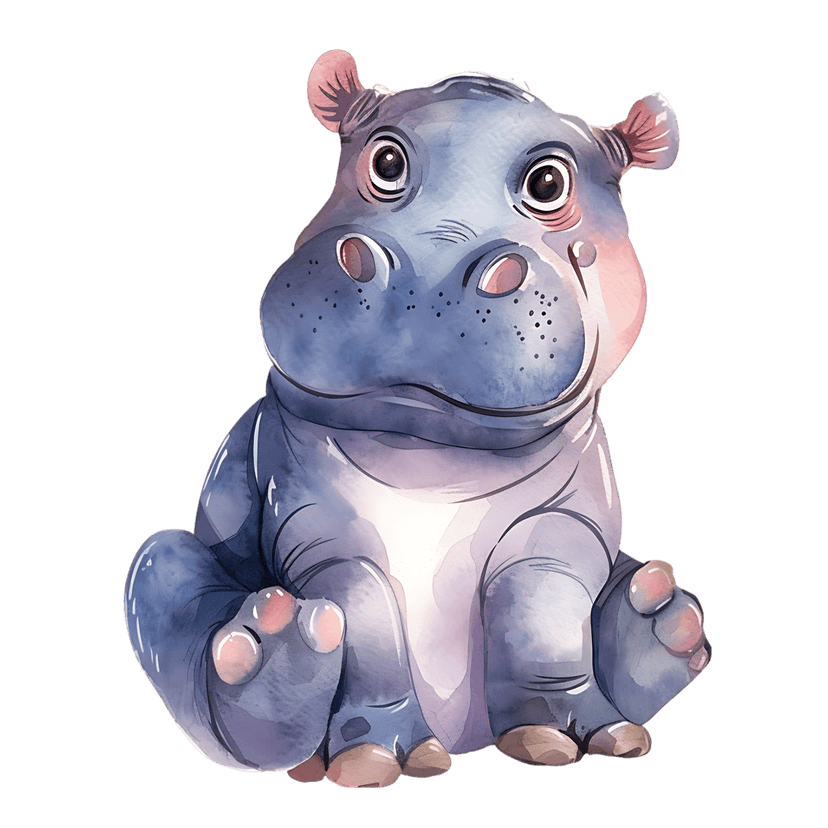 Baby hippopotamus watercolor illustration in a sitting pose featuring soft blue and pink brushstroke textures.
