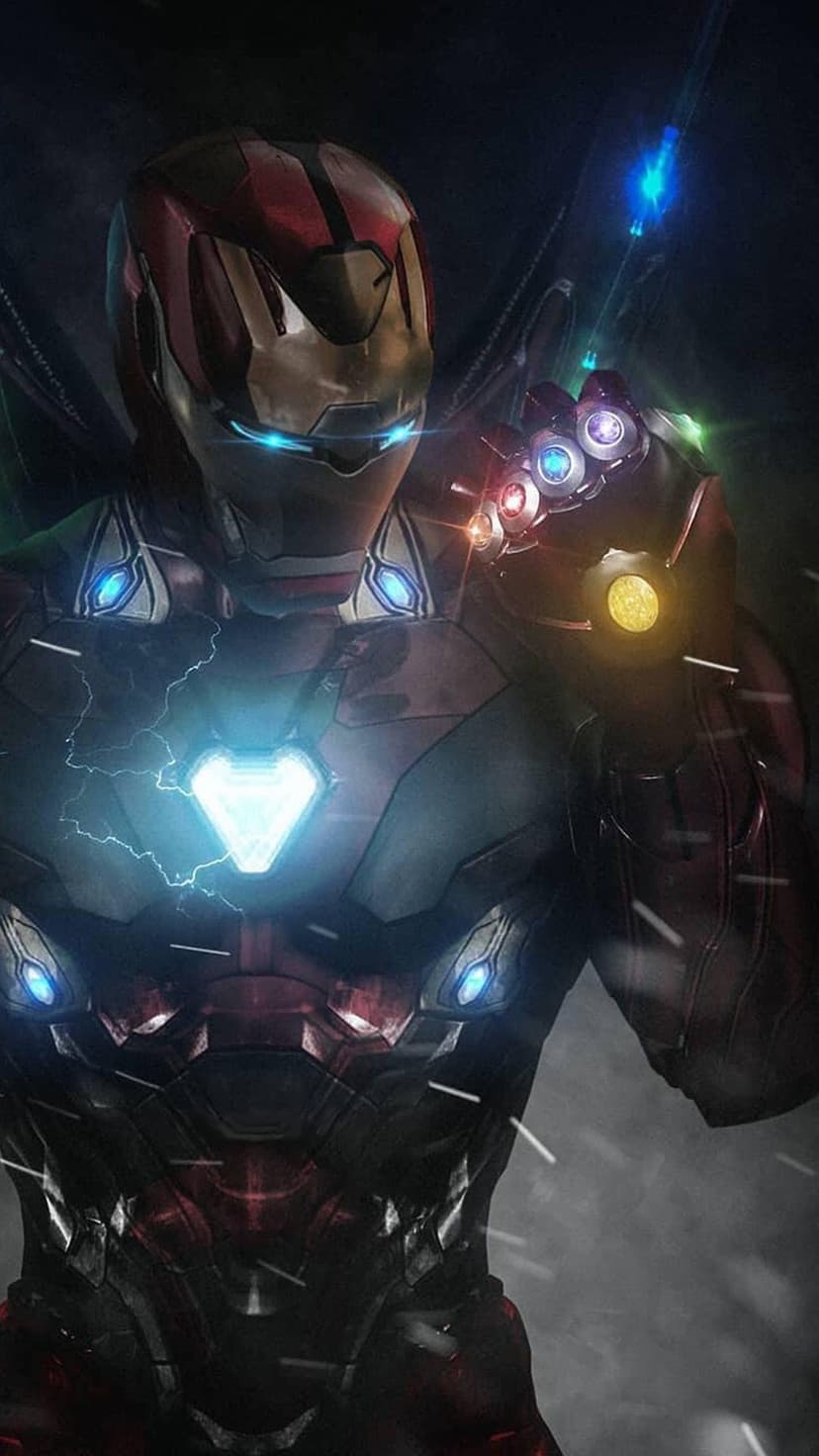 Iron Man wearing the Infinity Gauntlet with glowing stones and a bright Arc Reactor in a vertical cinematic pose.