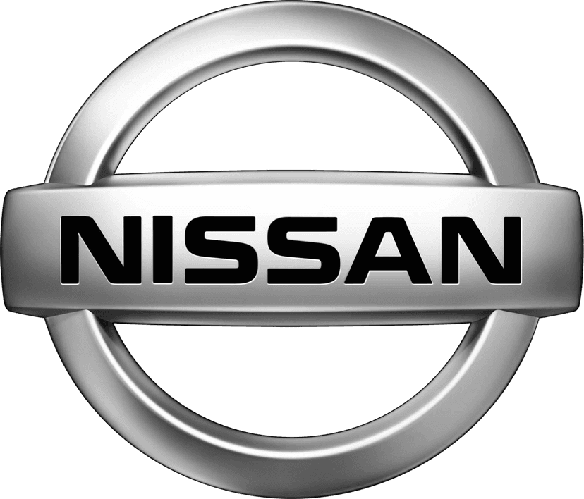 Nissan logo emblem displayed chrome silver circular frame horizontal banner embossed text metallic finish.