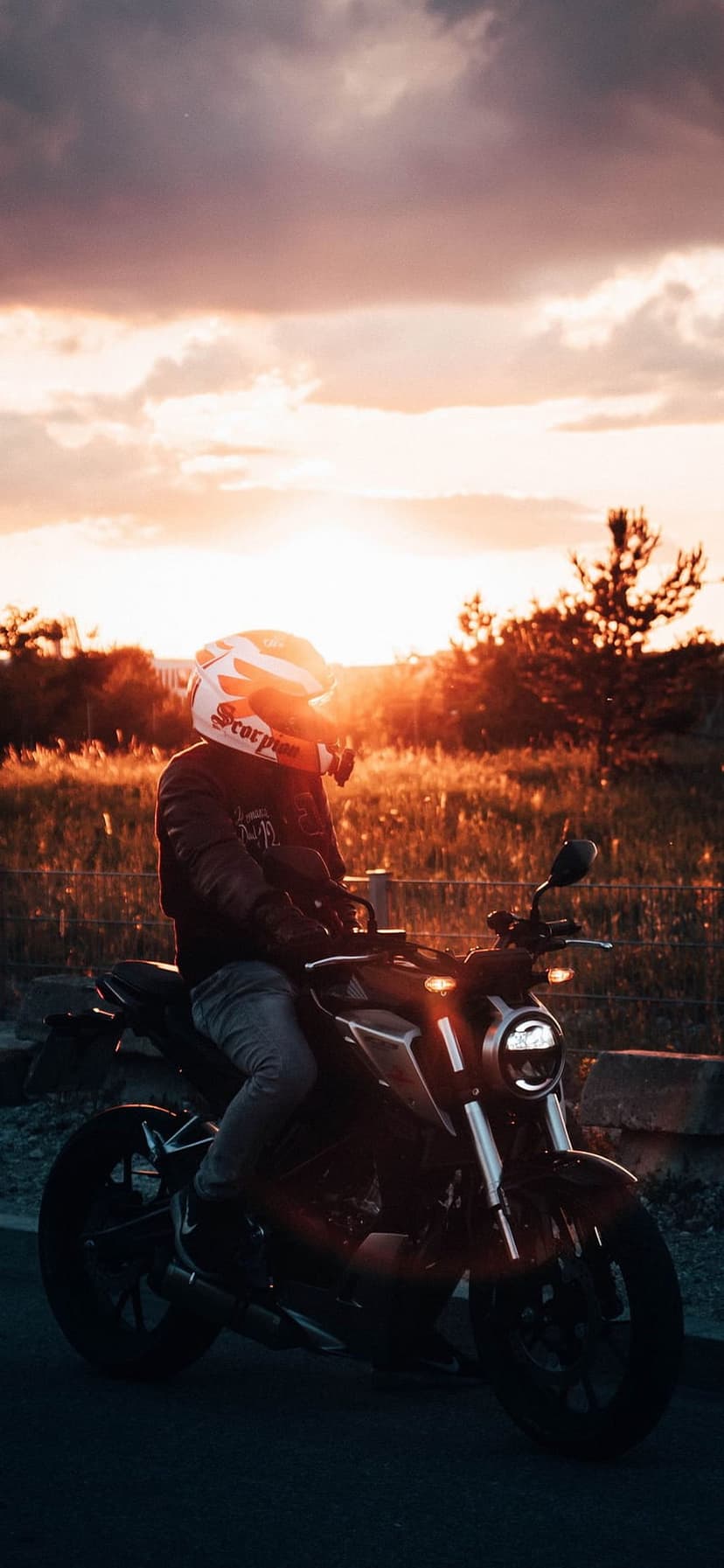 Motorcyclist rides through golden fields under a purple and orange sky with a glowing headlight at sunset.
