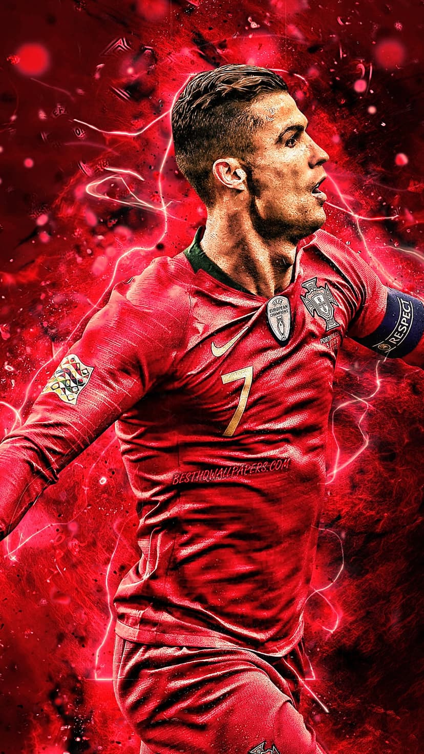 Cristiano Ronaldo wears a red Portugal soccer jersey while standing amidst glowing crimson light streaks.