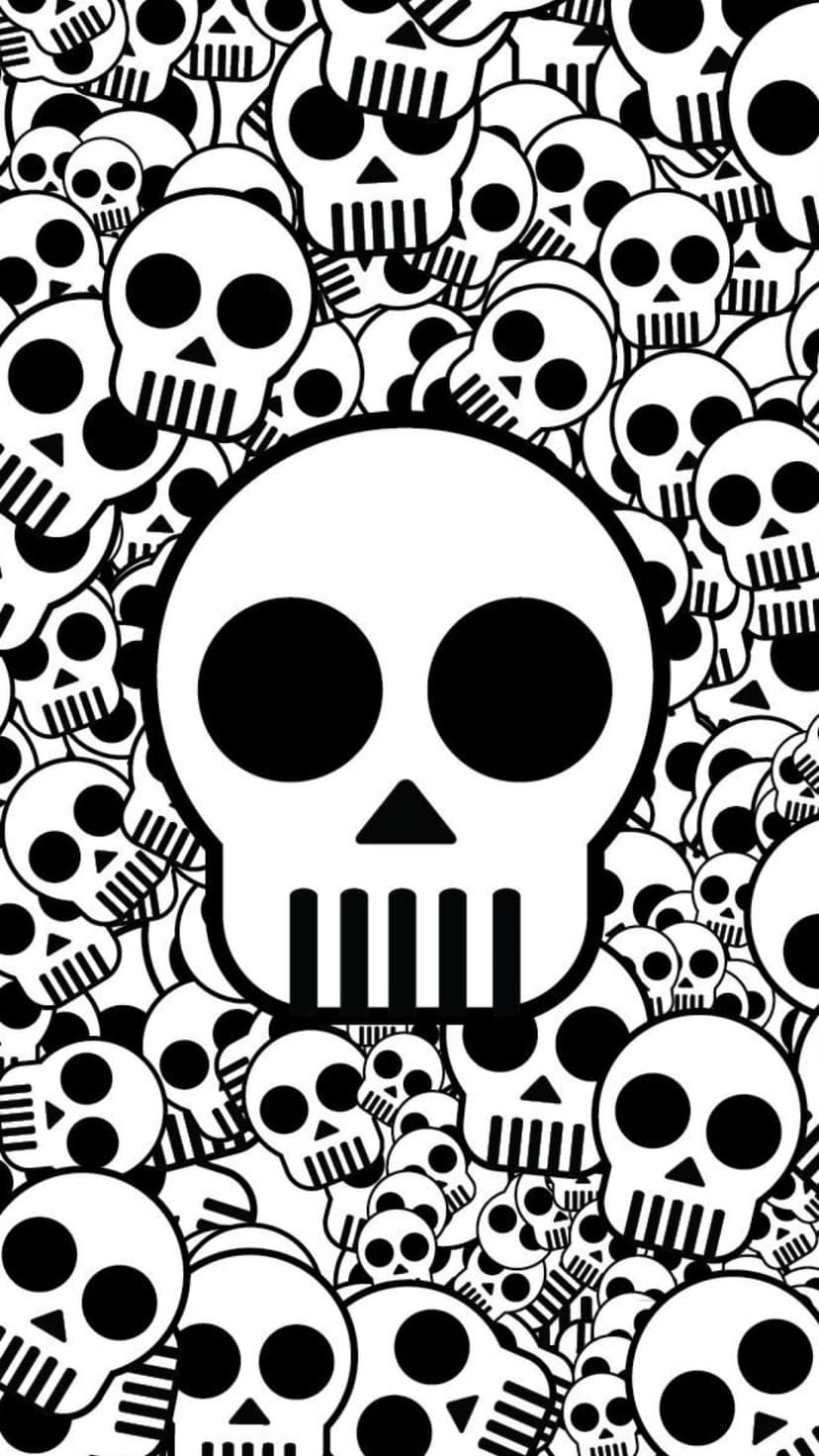 Various human skulls in different sizes and angles form a dense, high-contrast black and white collage pattern.