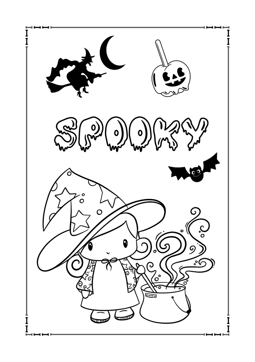 Halloween witch line art shows a character stirring a cauldron near a bat, crescent moon, and candy apple.