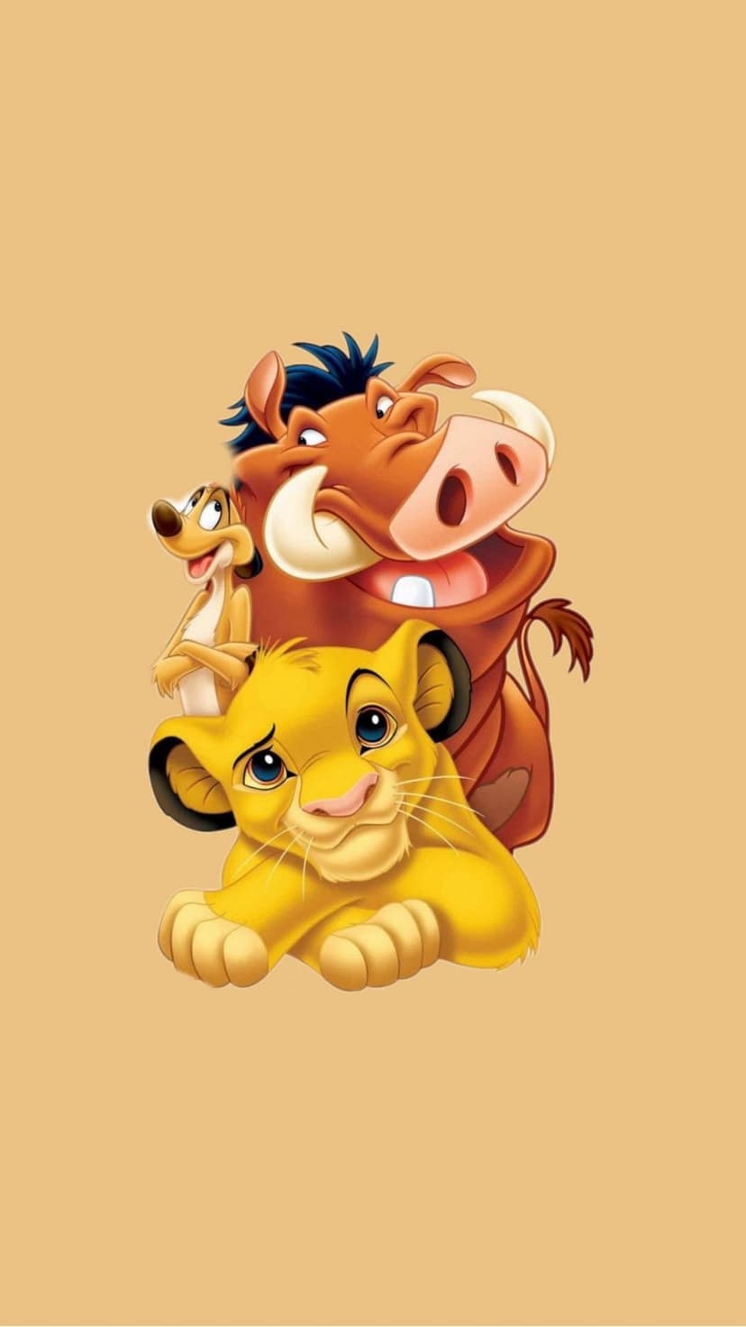 Simba, Timon, and Pumbaa walk across a log in a dense green jungle with vibrant foliage and warm lighting.