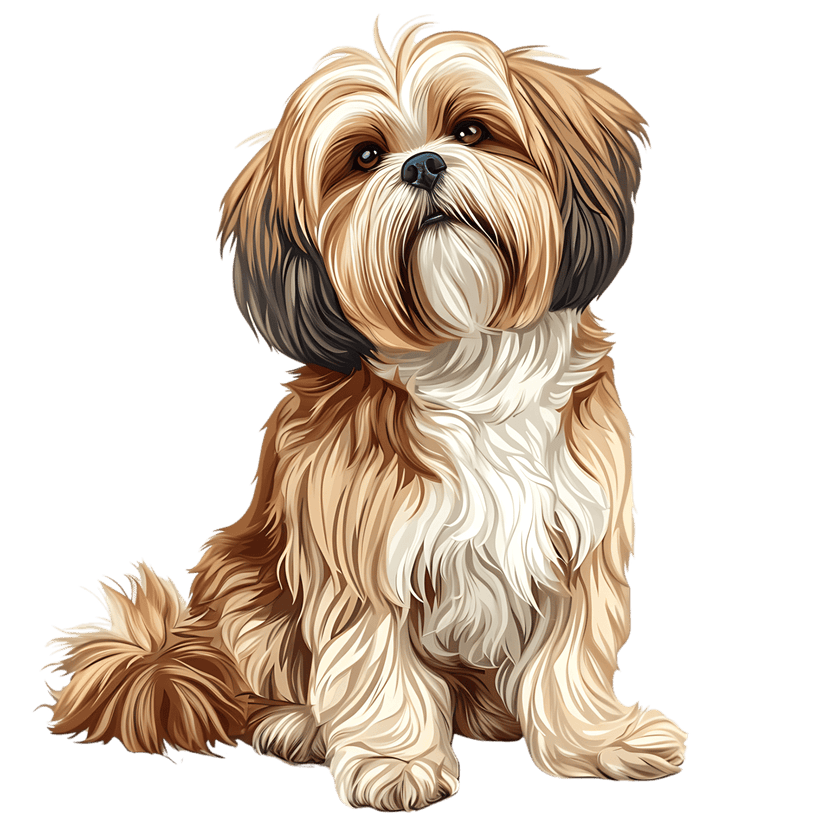 Shih Tzu dog illustration featuring layered brown and white fur, dark eyes, and a frontal sitting pose.