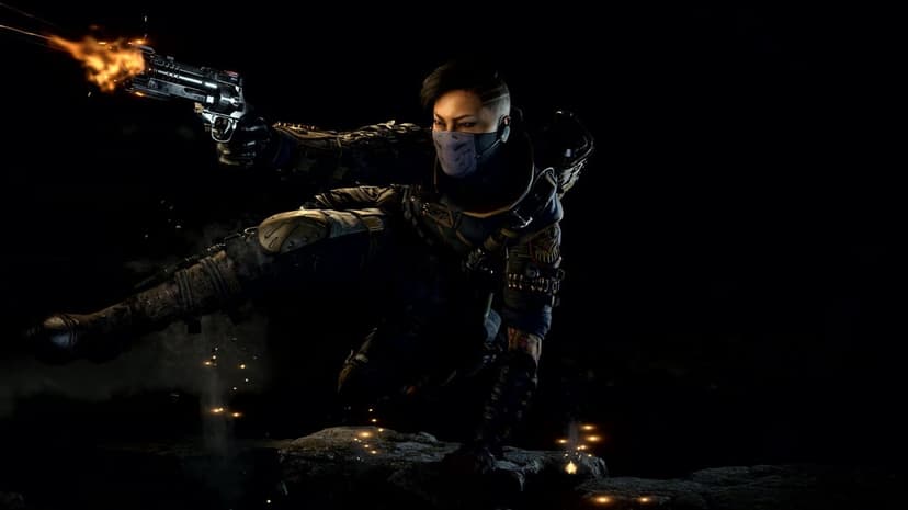 Tactical soldier in a mask fires a glowing revolver with muzzle flash against a pitch black background.