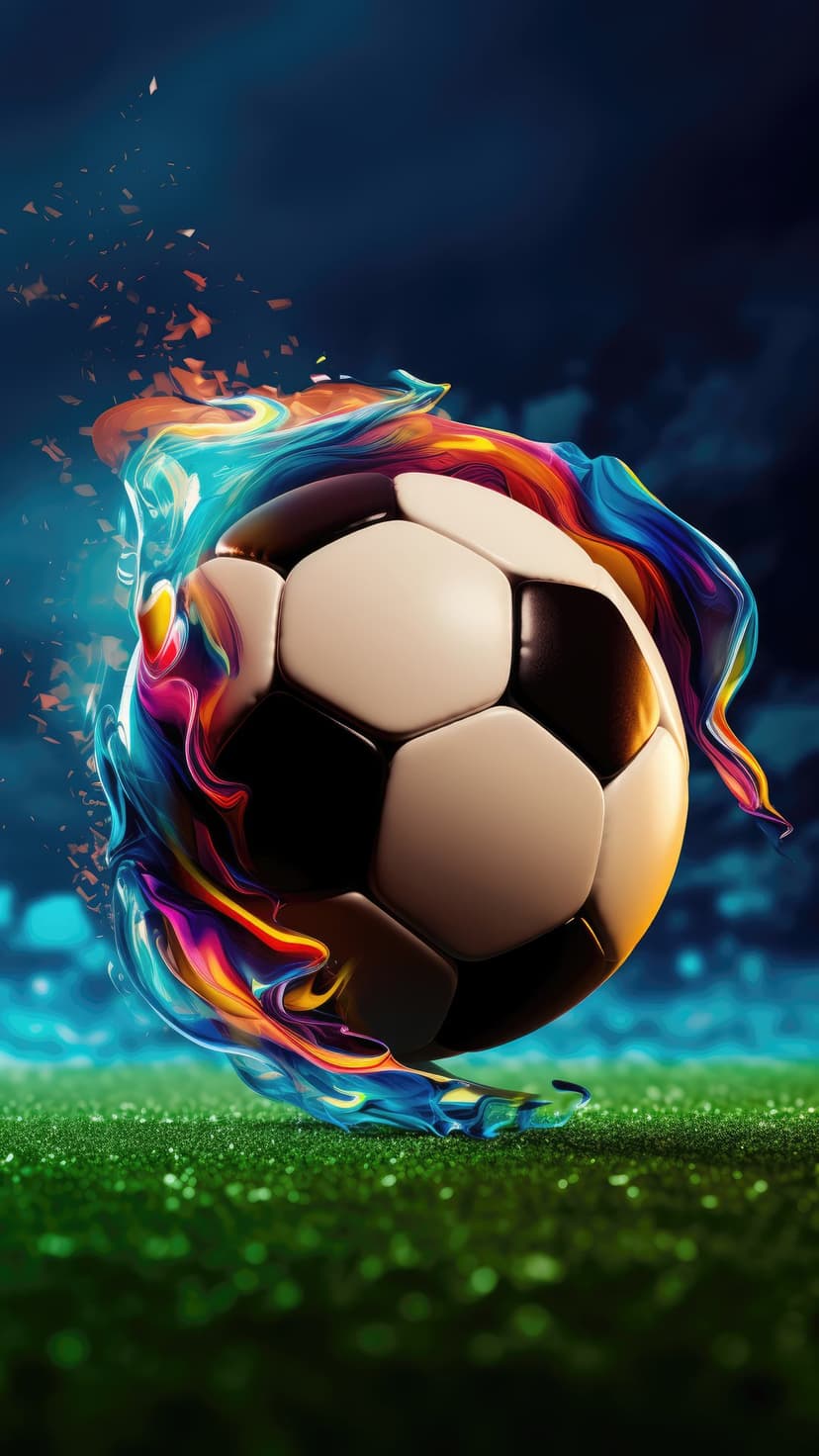Soccer ball engulfed in multicolored flames rests on green grass against a dark blue sky with bright light streaks.