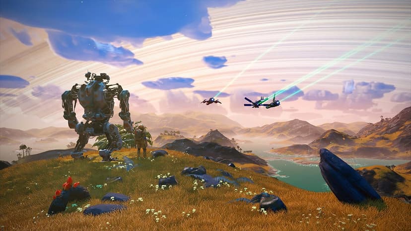 Giant bipedal mech and astronaut stand on a hill overlooking an alien landscape with a ringed planet sky and ships.