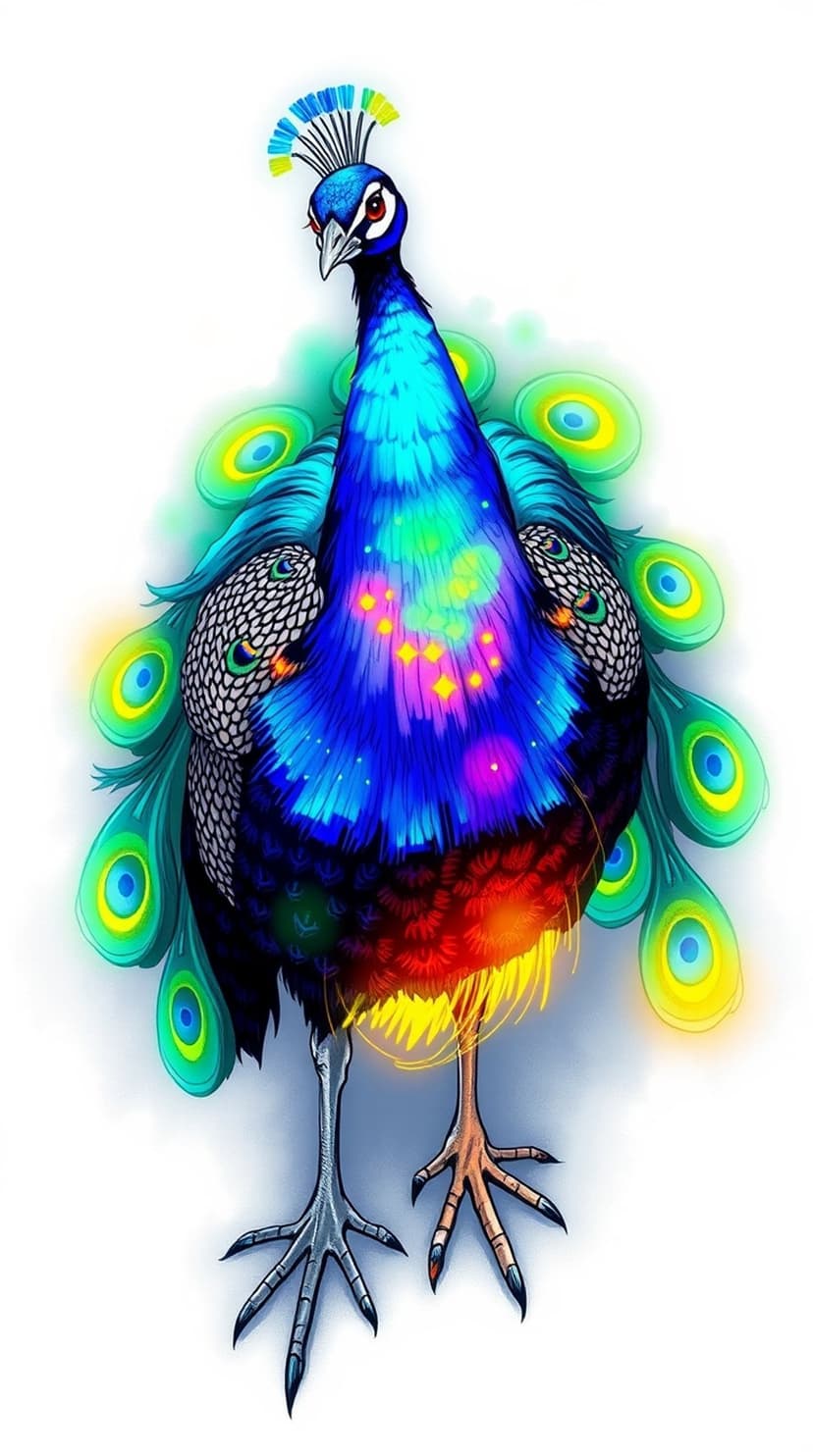 Peacock with glowing blue feathers and cosmic star patterns stands against a white background with a fanned tail.