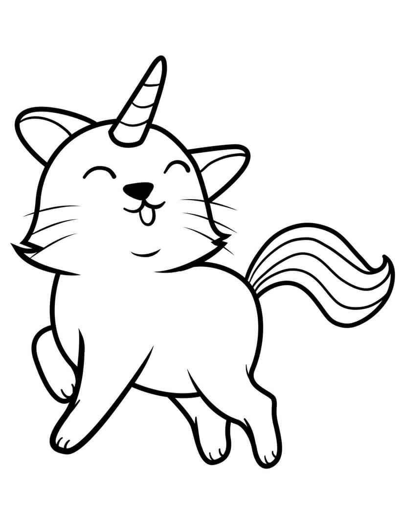 Unicorn cat coloring page showing a seated feline with a spiral horn, closed eyes, and a striped bushy tail.