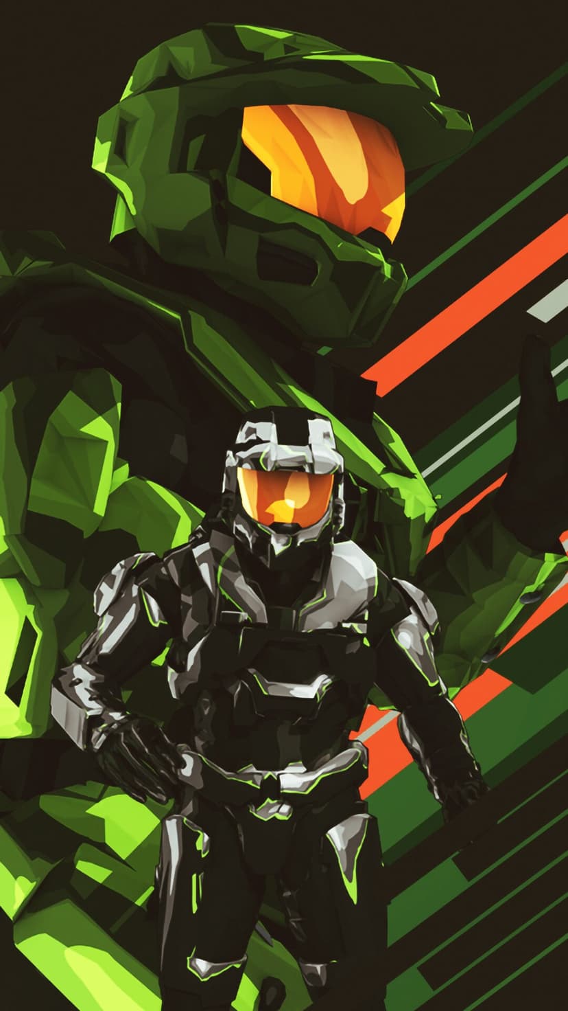 Two Halo Spartans in low-poly style with green and black armor and glowing orange visors on a striped background.