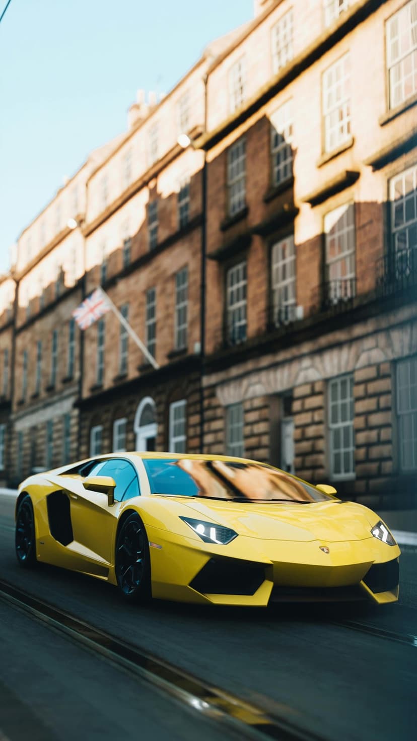 Yellow Lamborghini Aventador on a cobblestone street beside brick buildings under a waving British flag.