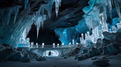 Enchanting Ice Cave with Icicles and Blue Glow