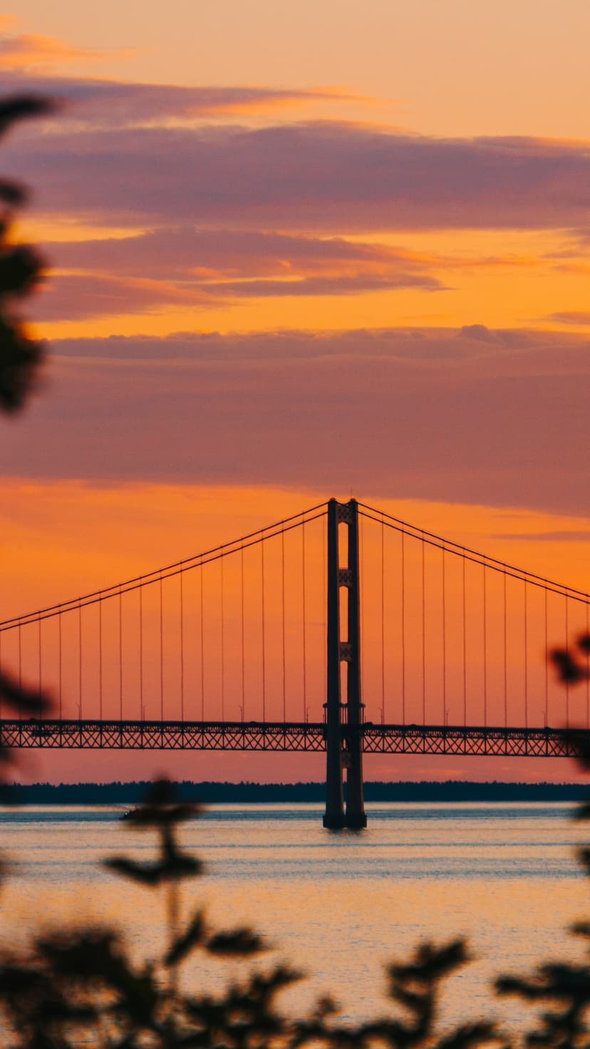 Suspension bridge silhouette spanning calm water under a vibrant orange and purple sunset sky with leaf framing.