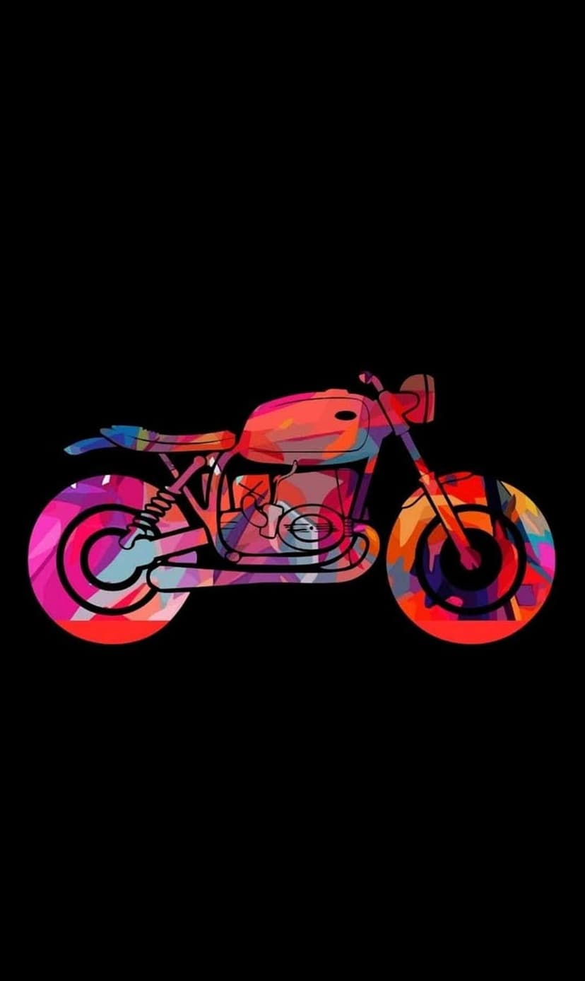 Motorcycle silhouette outlined by vibrant pink and blue geometric paint splashes on a dark black background.