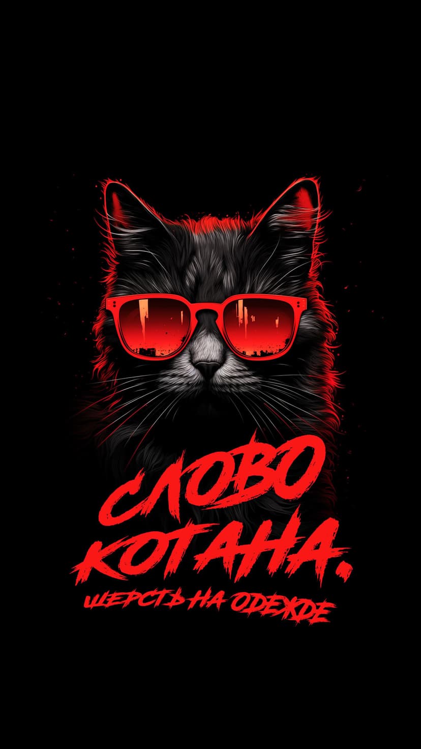 Black cat wearing red sunglasses reflecting a city skyline with bold red Russian typography on a dark backdrop.