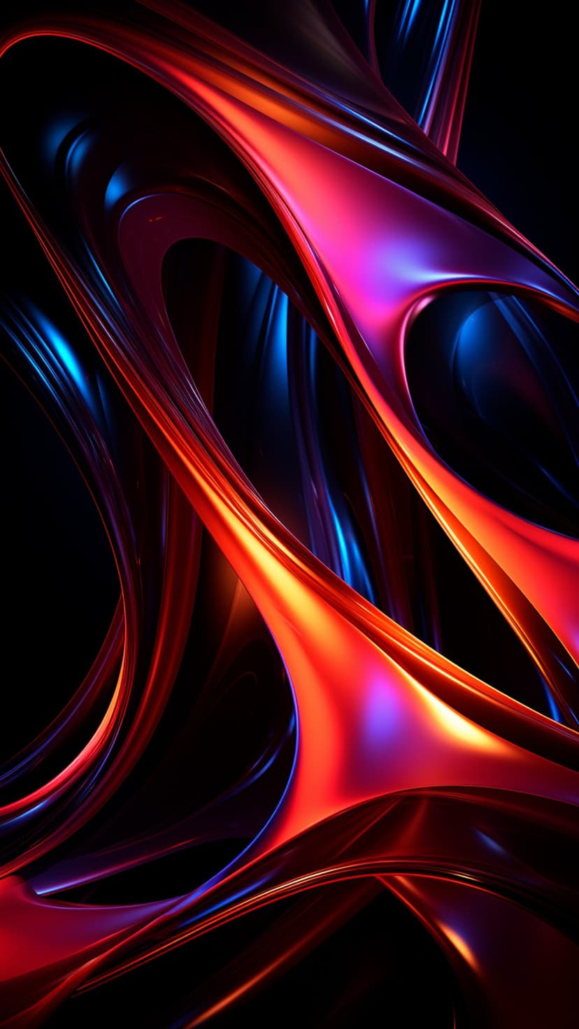 Molten metallic ribbons in red and electric blue weave across a black void with glossy reflective highlights.