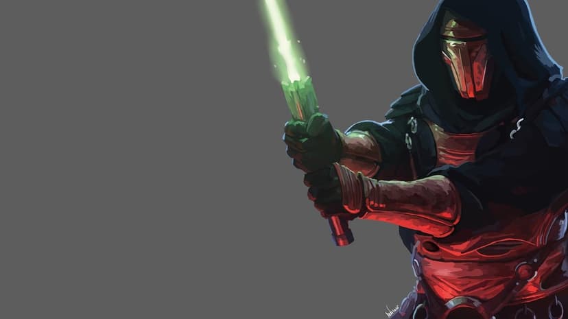 Masked warrior in dark robes holds a glowing green lightsaber with red light reflecting on detailed armor.