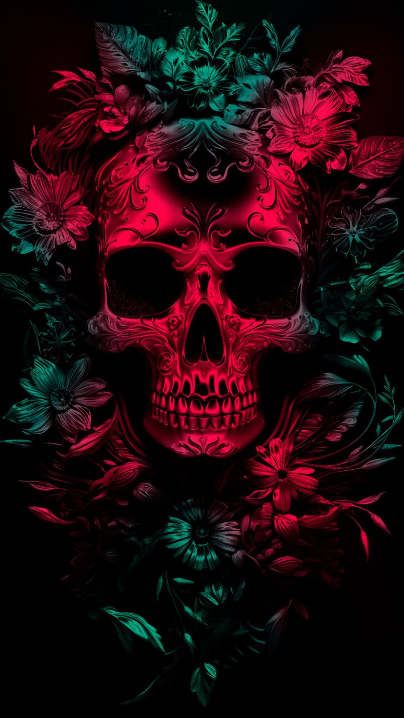 Ornate skull glowing with red and teal neon light, covered in detailed floral patterns and botanical vines.